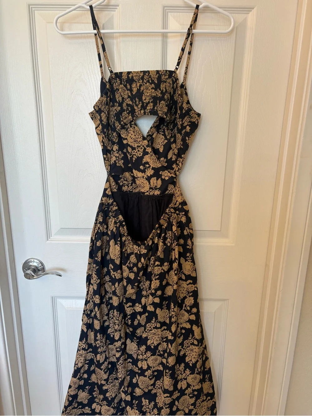 Black and Tan Floral Midi Dress with Spaghetti Straps - Picture 2 of 3